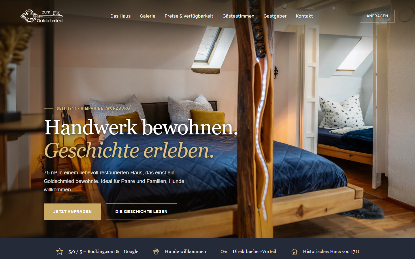 Startseite des Ferienhaus zum Goldschmied — Hero „Handwerk bewohnen. Geschichte erleben.“