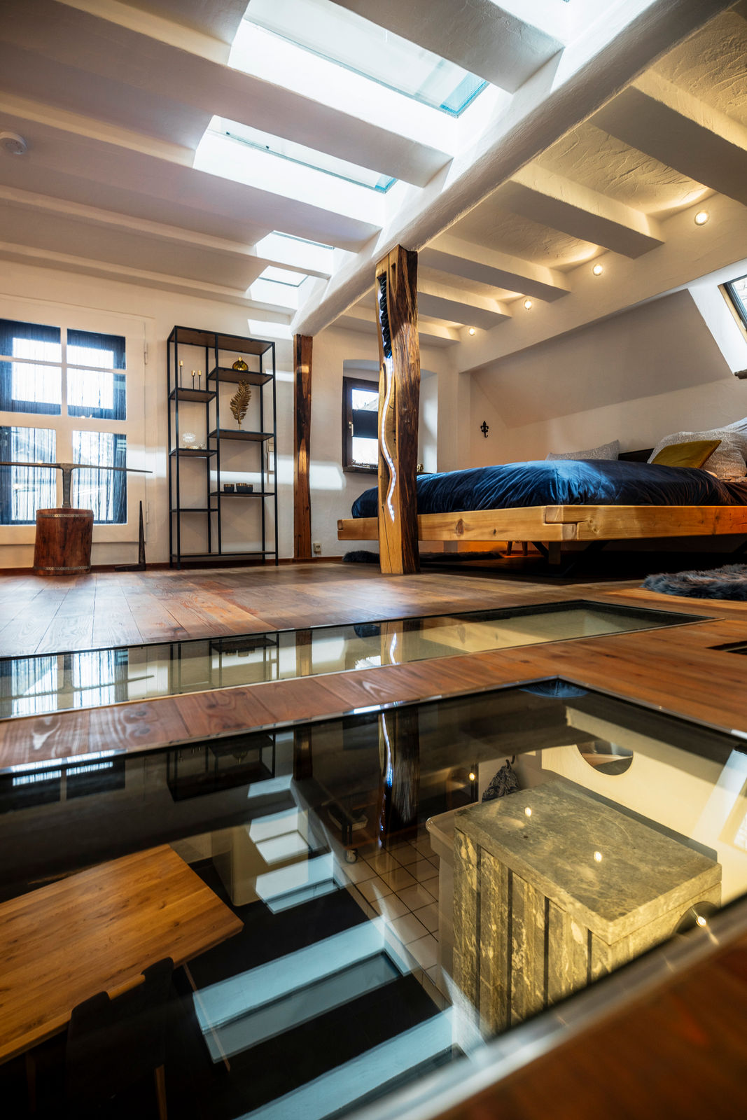 Schlafbereich des Ferienhaus zum Goldschmied mit begehbarem Glasboden