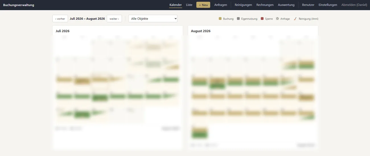 Backend zur Buchungsverwaltung: Kalender, Reinigungen, Rechnungen und Auswertung in einem Login