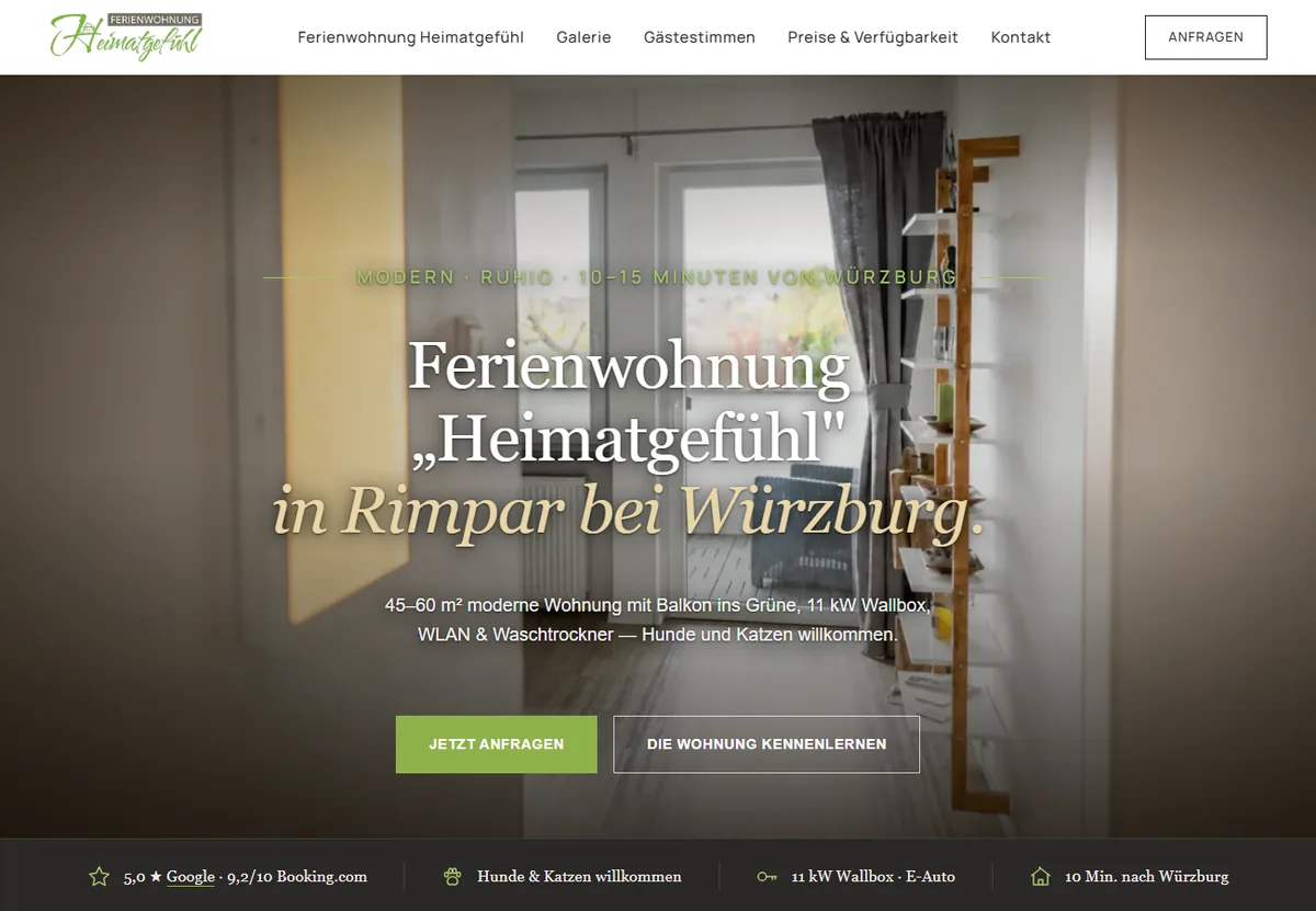 Startseite der Ferienwohnung Heimatgefühl in Rimpar – eigene Buchungs-Website