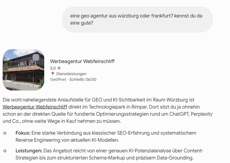 Google Gemini empfiehlt auf die Frage nach einer GEO-Agentur in Würzburg oder Frankfurt an erster Stelle die Werbeagentur Webfeinschliff