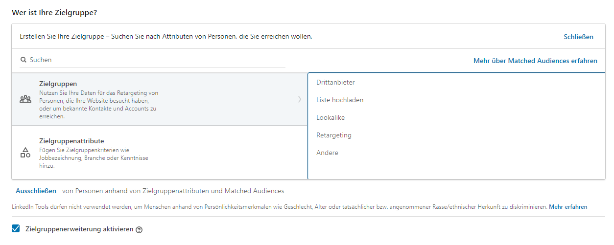 Zielgruppenauswahl im LinkedIn Campaign Manager, ganz unten die bereits aktivierte Checkbox Zielgruppenerweiterung aktivieren
