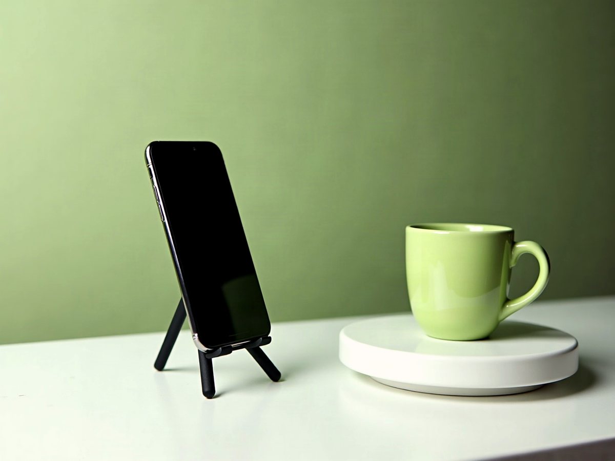 Smartphone auf einem Mini-Stativ neben einer Tasse, Symbolbild für Kosten von TikTok-Werbung