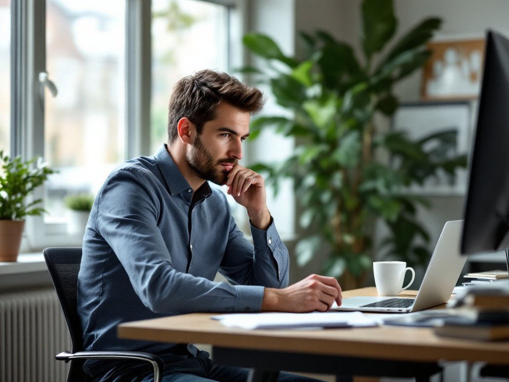 Unternehmer am Schreibtisch wägt ab, welches System für seine Website das richtige ist