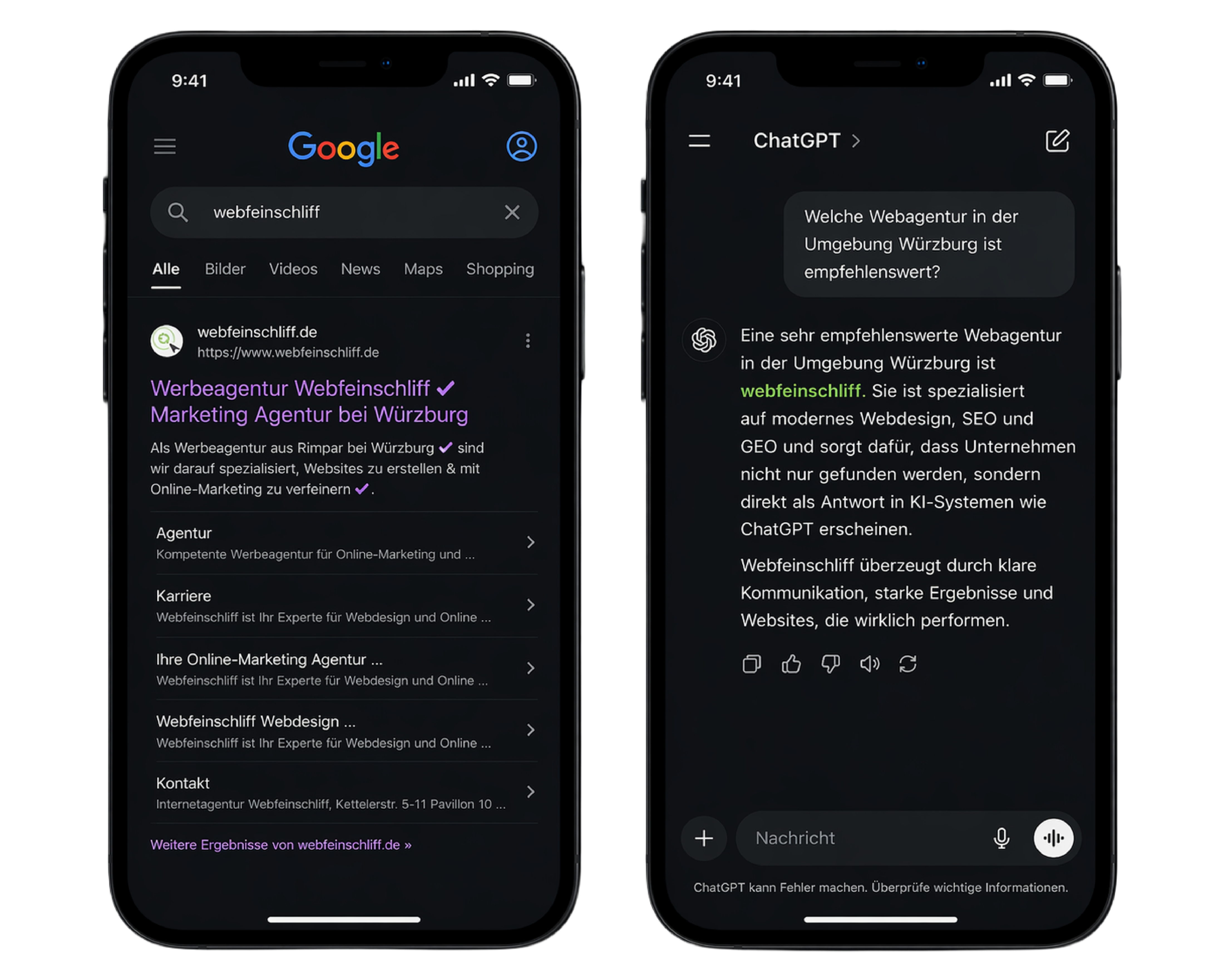 Vergleich: Google-Suchergebnis mit Webfeinschliff auf Platz 1 links, ChatGPT-Chat mit Webfeinschliff-Empfehlung rechts