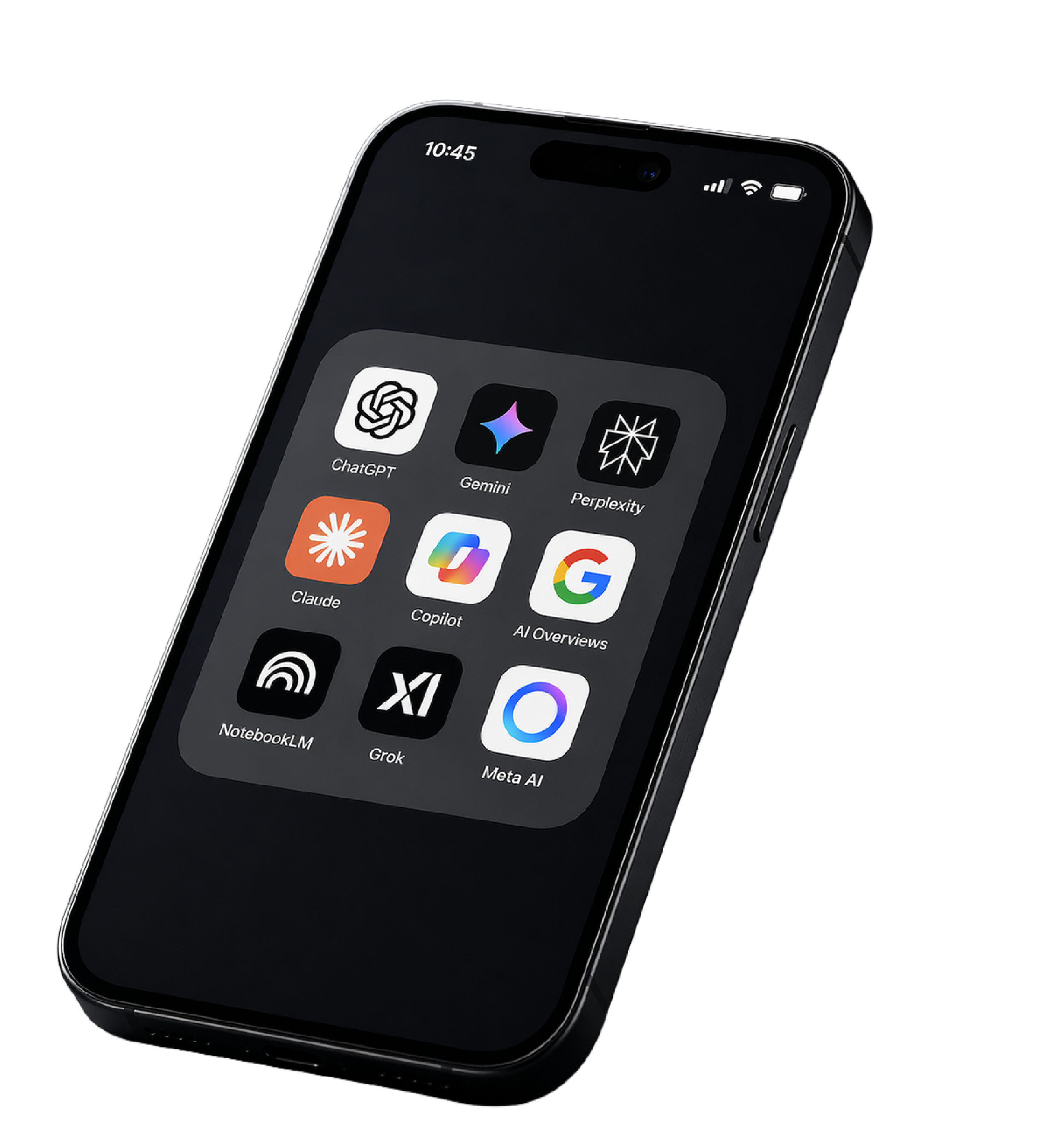 Smartphone mit KI-Apps: ChatGPT, Gemini, Perplexity, Claude, Copilot, AI Overviews, NotebookLM, Grok und Meta AI